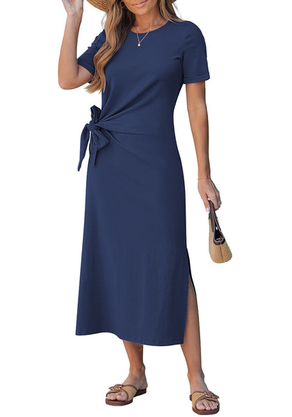 LookbookStore Women's Navy Blue Summer Casual Long Tshirt Dress Short Sleeve Self Tie Side Split Beach Vacation Dress 2026