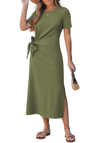 LookbookStore Women's Army Green Summer Casual Long Tshirt Dress Short Sleeve Self Tie Side Split Beach Vacation Dress 2026