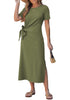 LookbookStore Women's Army Green Summer Casual Long Tshirt Dress Short Sleeve Self Tie Side Split Beach Vacation Dress 2026