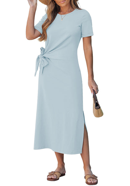 LookbookStore Women's Denim Blue Summer Casual Long Tshirt Dress Short Sleeve Self Tie Side Split Beach Vacation Dress 2026