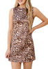 LookbookStore Women's Blush Leopard 2026 Summer Satin Mini Dress Casual Sleeveless Tank Dress Zip Closure Printed Cocktail Dress with Functional Pockets