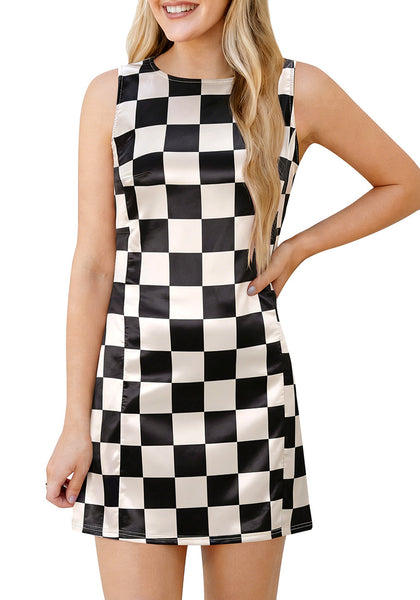 LookbookStore Women's Black & Beige Checkered 2026 Summer Satin Mini Dress Casual Sleeveless Tank Dress Zip Closure Printed Cocktail Dress with Functional Pockets