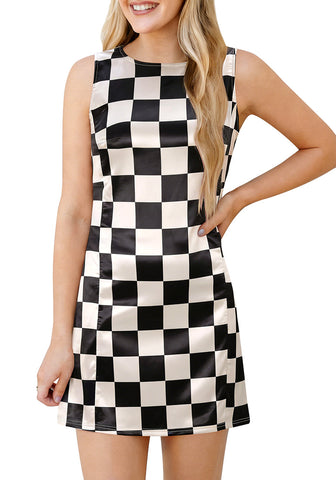 LookbookStore Women's Black & Beige Checkered 2026 Summer Satin Mini Dress Casual Sleeveless Tank Dress Zip Closure Printed Cocktail Dress with Functional Pockets