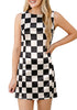 LookbookStore Women's Black & Beige Checkered 2026 Summer Satin Mini Dress Casual Sleeveless Tank Dress Zip Closure Printed Cocktail Dress with Functional Pockets