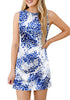 LookbookStore Women's Blue & White Floral 2026 Summer Satin Mini Dress Casual Sleeveless Tank Dress Zip Closure Printed Cocktail Dress with Functional Pockets