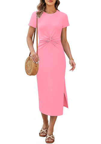 LookbookStore Women Pink Summer Casual Long Dress, Twist Front Side Slit Short Sleeve Comfy T-Shirt Dress 2026 Beach Vacation