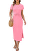 LookbookStore Women Pink Summer Casual Long Dress, Twist Front Side Slit Short Sleeve Comfy T-Shirt Dress 2026 Beach Vacation