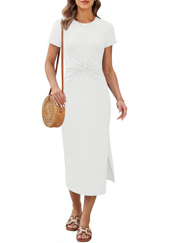 LookbookStore Women Cream White Summer Casual Long Dress, Twist Front Side Slit Short Sleeve Comfy T-Shirt Dress 2026 Beach Vacation