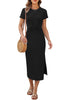 LookbookStore Women Black Summer Casual Long Dress, Twist Front Side Slit Short Sleeve Comfy T-Shirt Dress 2026 Beach Vacation