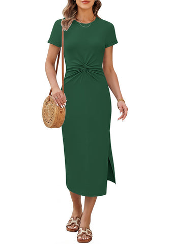 LookbookStore Women Dark Green Summer Casual Long Dress, Twist Front Side Slit Short Sleeve Comfy T-Shirt Dress 2026 Beach Vacation