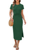 LookbookStore Women Dark Green Summer Casual Long Dress, Twist Front Side Slit Short Sleeve Comfy T-Shirt Dress 2026 Beach Vacation
