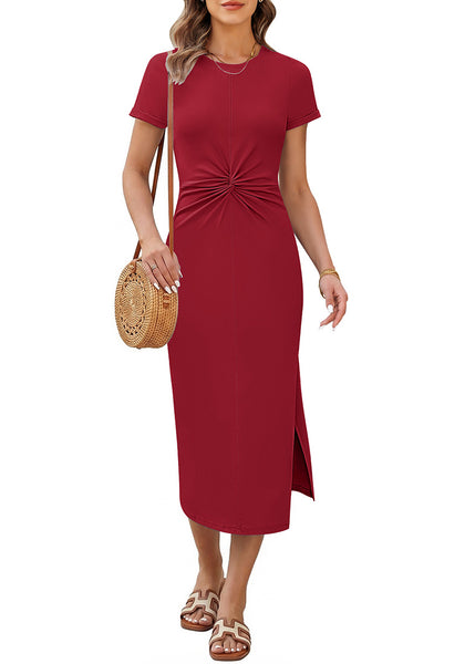 LookbookStore Women Wine Red Summer Casual Long Dress, Twist Front Side Slit Short Sleeve Comfy T-Shirt Dress 2026 Beach Vacation