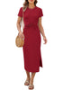 LookbookStore Women Wine Red Summer Casual Long Dress, Twist Front Side Slit Short Sleeve Comfy T-Shirt Dress 2026 Beach Vacation