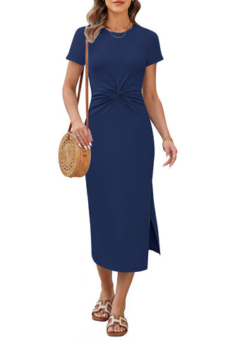 LookbookStore Women Navy Blue Summer Casual Long Dress, Twist Front Side Slit Short Sleeve Comfy T-Shirt Dress 2026 Beach Vacation