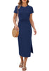 LookbookStore Women Navy Blue Summer Casual Long Dress, Twist Front Side Slit Short Sleeve Comfy T-Shirt Dress 2026 Beach Vacation