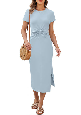 LookbookStore Women Denim Blue Summer Casual Long Dress, Twist Front Side Slit Short Sleeve Comfy T-Shirt Dress 2026 Beach Vacation