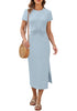 LookbookStore Women Denim Blue Summer Casual Long Dress, Twist Front Side Slit Short Sleeve Comfy T-Shirt Dress 2026 Beach Vacation