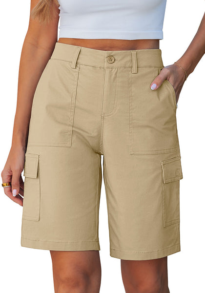 LookbookStore Mid Rise Bermuda Cotton Shorts for Women Slight Stretch Back Elastic Waist Casual Shorts with Pockets
