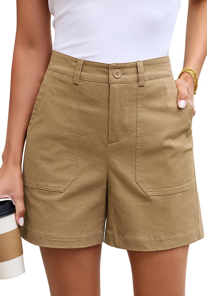 LookbookStore Women Khaki Brown High Waisted Summer Shorts Casual Dressy Cotton Chino Elastic Waist 5" Inseam Mid Thigh Comfort Shorts