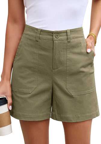 LookbookStore Women Olive Green High Waisted Summer Shorts Casual Dressy Cotton Chino Elastic Waist 5" Inseam Mid Thigh Comfort Shorts