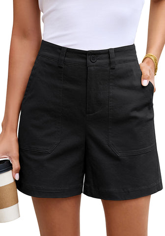 LookbookStore Women Black High Waisted Summer Shorts Casual Dressy Cotton Chino Elastic Waist 5" Inseam Mid Thigh Comfort Shorts