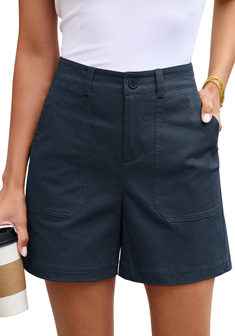 LookbookStore Women Navy Blue High Waisted Summer Shorts Casual Dressy Cotton Chino Elastic Waist 5" Inseam Mid Thigh Comfort Shorts