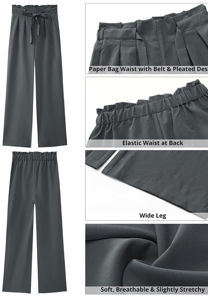 Gray Women's Brief Elastic Waist High Waisted Wide Leg Pant with Belt