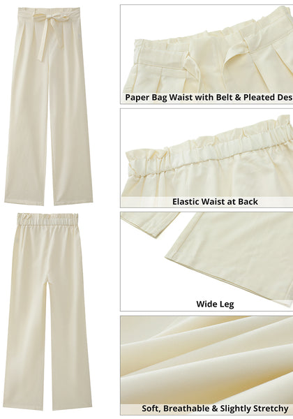 Cannoli Cream Women's Brief Elastic Waist High Waisted Wide Leg Pant with Belt
