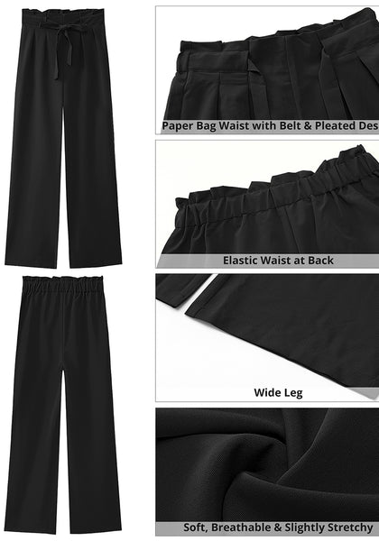 Black Women's Brief Elastic Waist High Waisted Wide Leg Pant with Belt
