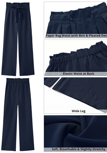 Dark Blue Women's Brief Elastic Waist High Waisted Wide Leg Pant with Belt