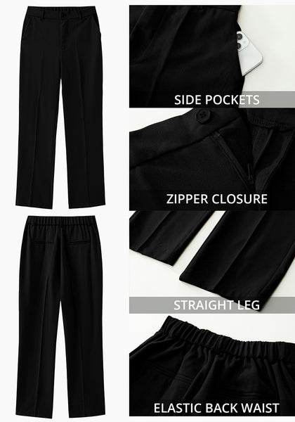 Black Women's Business Casual High Waisted Straight Leg Stretchy Elastic Waist Trousers