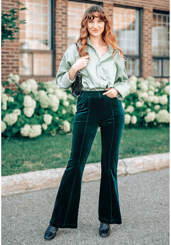 Dark Green Women Elastic Waist High Waisted Flare Seam Slack Pant