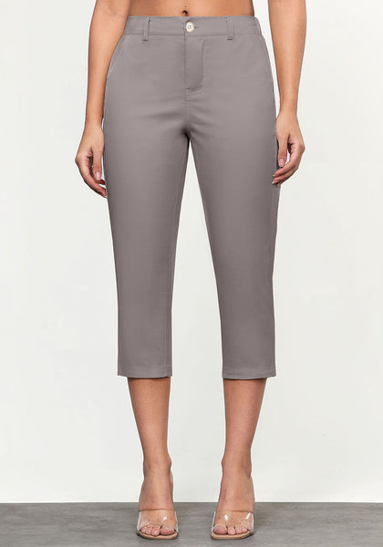 Grey Women's CoolTouch Straight Leg Cropped Pant Soft Daily Wear Back Elastic Button Fly Capris Trousers