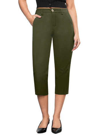 Dark Olive Women's CoolTouch Straight Leg Cropped Pant Soft Daily Wear Back Elastic Button Fly Capris Trousers