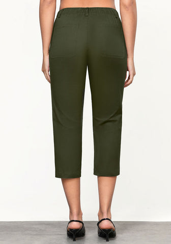 Dark Olive Women's CoolTouch Straight Leg Cropped Pant Soft Daily Wear Back Elastic Button Fly Capris Trousers