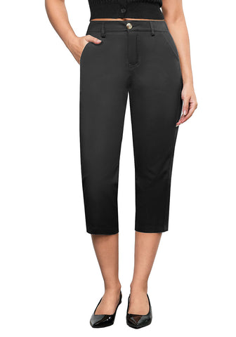 Black Women's CoolTouch Straight Leg Cropped Pant Soft Daily Wear Back Elastic Button Fly Capris Trousers
