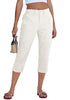 LookbookStore Women Cream White Utility Skimmer Capri Pants With Big Patched Pockets Back Elastic Waistband Ideal For Travel Daily Casual