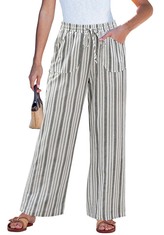 LookbookStore Cream White Stripe High Waisted Wide Leg Pants for Women Drawstring Waist Casual Comfort Pants