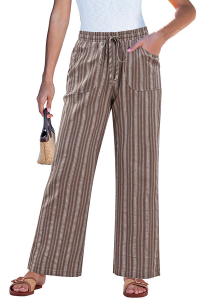 LookbookStore Brown Stripe High Waisted Wide Leg Pants for Women Drawstring Waist Casual Comfort Pants