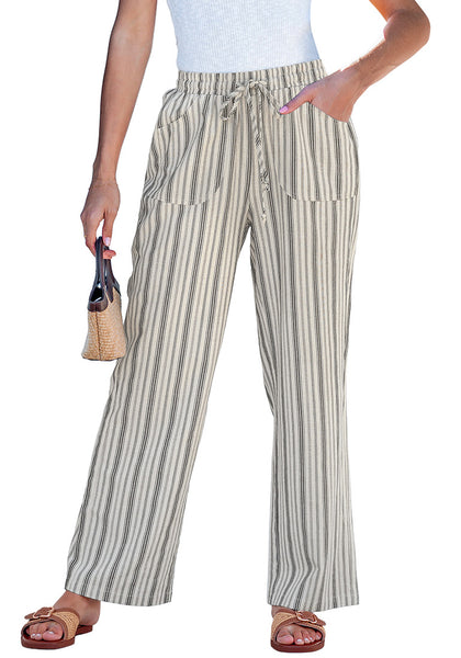 LookbookStore Light Beige Stripe High Waisted Wide Leg Pants for Women Drawstring Waist Casual Comfort Pants