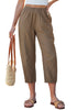 LookbookStore Women's Latte Brown Linen Barrel Capri Pants High Waisted Elastic Pull On Casual Summer Beach Vacation Pants