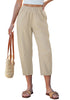 LookbookStore Women's Khaki Linen Barrel Capri Pants High Waisted Elastic Pull On Casual Summer Beach Vacation Pants