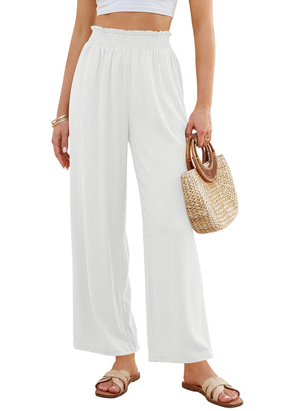 LookbookStore Women's White High Waisted Wide Leg Linen Pants Paper Bag Smocked Waist Casual Summer Beach Palazzo Pants