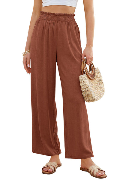 LookbookStore Women's Rust High Waisted Wide Leg Linen Pants Paper Bag Smocked Waist Casual Summer Beach Palazzo Pants