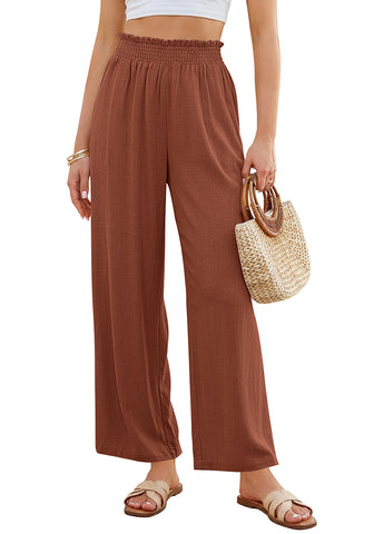 LookbookStore Women's Rust High Waisted Wide Leg Linen Pants Paper Bag Smocked Waist Casual Summer Beach Palazzo Pants