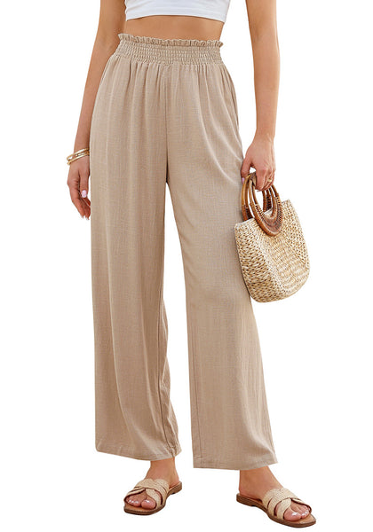 LookbookStore Women's Almond High Waisted Wide Leg Linen Pants Paper Bag Smocked Waist Casual Summer Beach Palazzo Pants