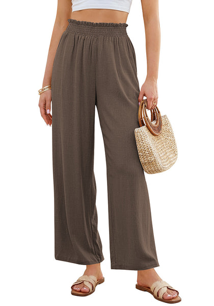 LookbookStore Women's Coffee Brown High Waisted Wide Leg Linen Pants Paper Bag Smocked Waist Casual Summer Beach Palazzo Pants
