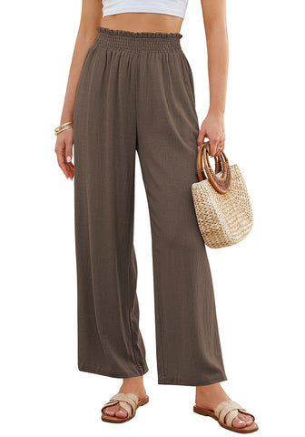 LookbookStore Women's Coffee Brown High Waisted Wide Leg Linen Pants Paper Bag Smocked Waist Casual Summer Beach Palazzo Pants