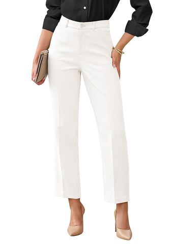 LookbookStore Women Cream White Ankle Straight Leg Dress Pants, Elastic Waist Business Casual Office Work Trousers with Pockets