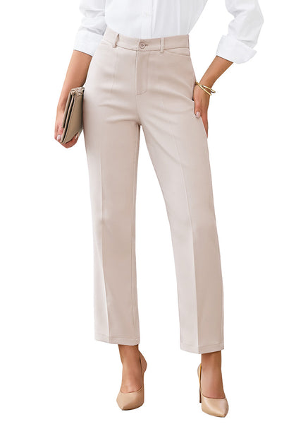 LookbookStore Women Peach Gray Ankle Straight Leg Dress Pants, Elastic Waist Business Casual Office Work Trousers with Pockets